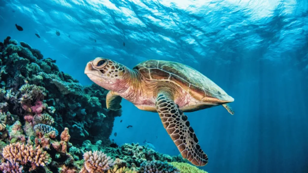 “Green sea turtle swimming near coral reefs at Pigeon Island National Park”