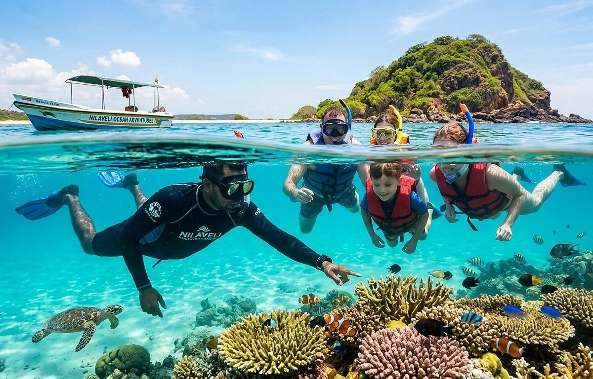 “Snorkeling experience at Pigeon Island National Park near Trincomalee Sri Lanka with coral reefs and crystal clear water”