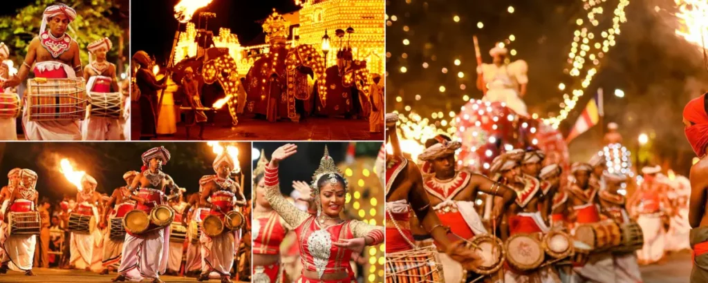Kandy Esala Perahera at night with illuminated elephants, dancers and spectators